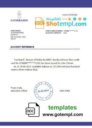 editable template, Malta Lombard bank reference letter template in Word and PDF format