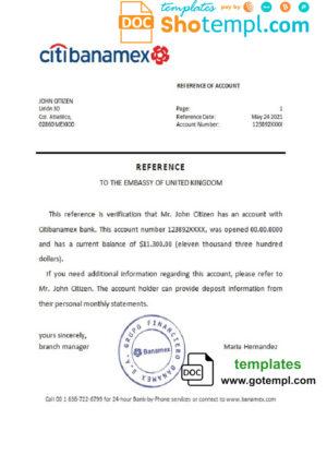 editable template, Mexico Citibanamex bank reference letter template in Word and PDF format