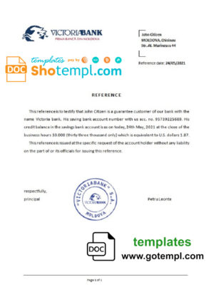 editable template, Moldova Victoriabank bank reference letter template in Word and PDF format