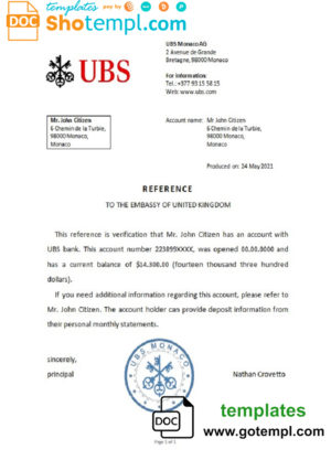 editable template, Monaco UBS bank reference letter template in Word and PDF format
