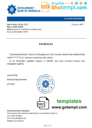 editable template, Mongolia Development Bank of Mongolia bank reference letter template in Word and PDF format
