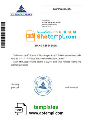 editable template, Montenegro Atlasmont banka bank reference letter template in Word and PDF format