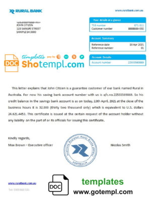 editable template, Australia Rural bank reference letter template in Word and PDF format