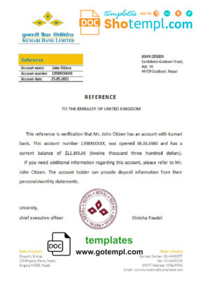 editable template, Nepal Kumari Bank bank reference letter template in Word and PDF format