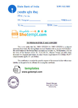 editable template, India State Bank of India reference letter template in Word and PDF format