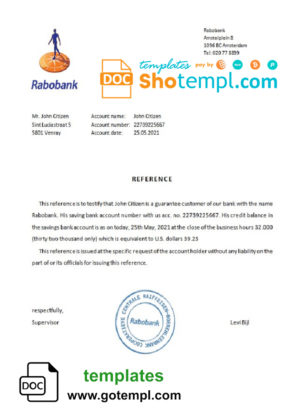 editable template, Netherlands Rabobank bank certificate template in Word and PDF format