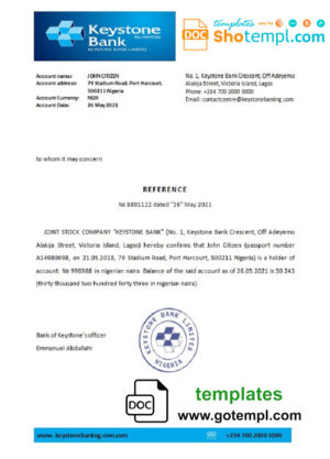editable template, Nigeria Keystone Bank bank account reference letter template in Word and PDF format