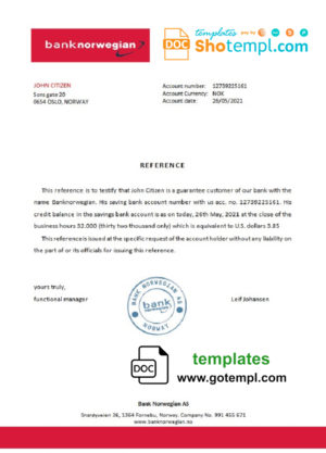 editable template, Norway Bank Norwegian bank account reference letter template in Word and PDF format