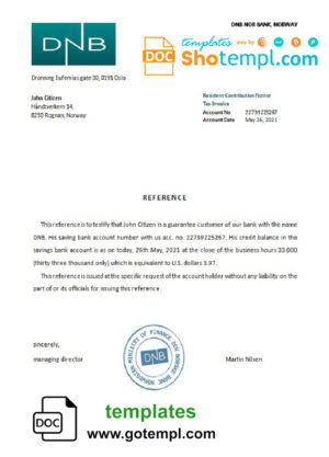 editable template, Norway DNB Nor Bank bank account reference letter template in Word and PDF format