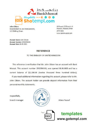 editable template, Oman Bank Muscat bank account reference letter template in Word and PDF format