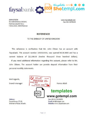 editable template, Pakistan Faysalbank bank account reference letter template in Word and PDF format