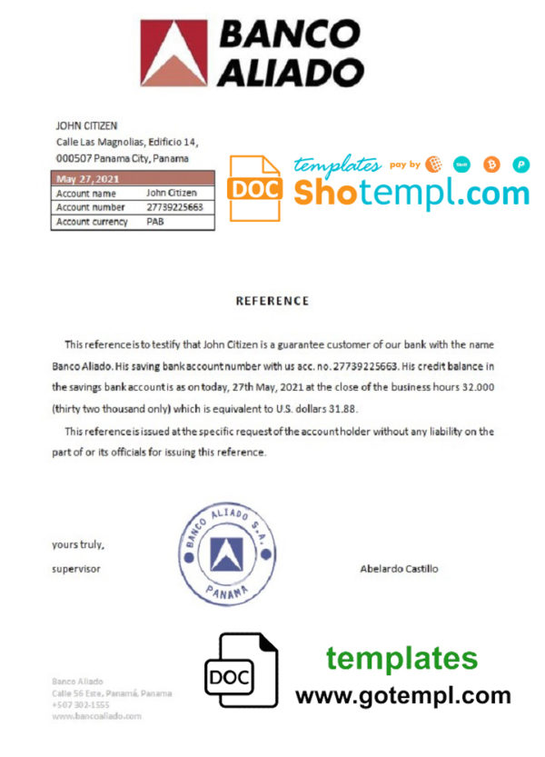 editable template, Panama Banco Aliado bank account reference letter template in Word and PDF format