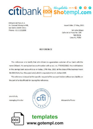 editable template, Peru Citibank bank account reference letter template in Word and PDF format
