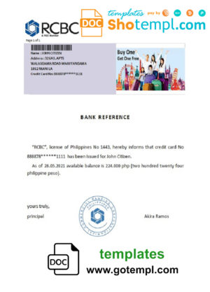 editable template, Philippines RCBC bank reference letter template in Word and PDF format