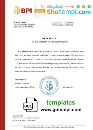 editable template, Philippines BPI bank reference letter template in Word and PDF format