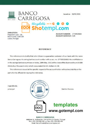 editable template, Portugal Banco Carregosa bank account reference letter template in Word and PDF format