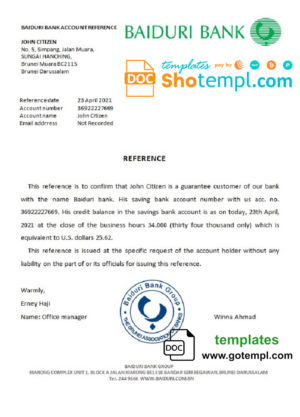 editable template, Brunei Baiduri bank account reference letter template in Word and PDF format
