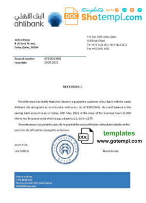 editable template, Qatar Ahlibank bank account reference letter template in Word and PDF format