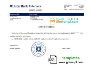 editable template, Ireland Ulster Bank bank account reference letter template in Word and PDF format