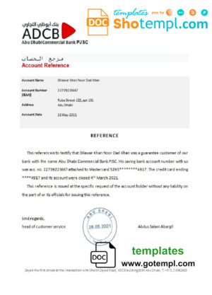 editable template, UAE ADCB bank account reference letter template in Word and PDF format