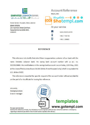 editable template, Lebanon Emirates Lebanon Bank bank account reference letter template in Word and PDF format