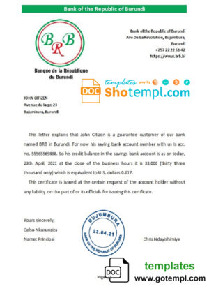 editable template, Burundi The Republic Bank of Burundi bank account reference letter template in Word and PDF format