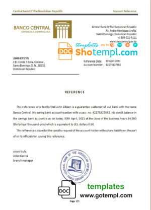 editable template, Dominicia Central Bank Of The Dominican Republic bank account balance reference letter template in Word and PDF format
