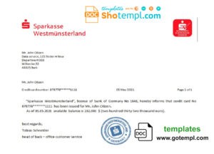 editable template, Germany Sparkasse bank account reference letter template in Word and PDF format