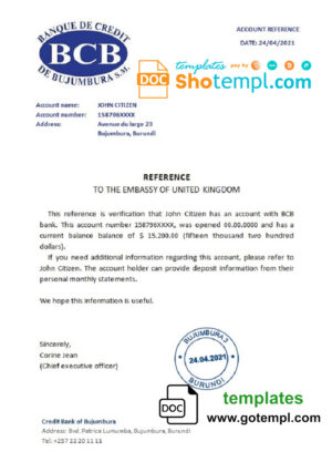 editable template, Burundi Credit Bank of Bujumbura bank account reference letter template in Word and PDF format