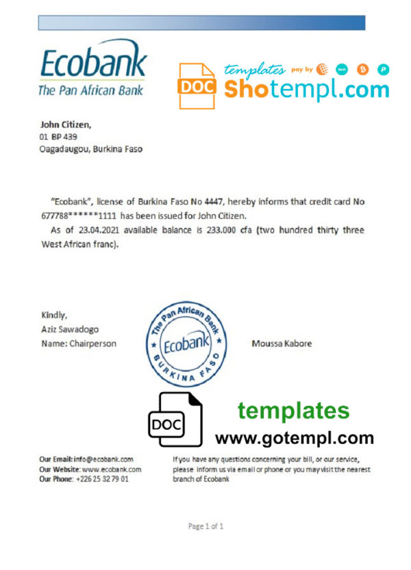 editable template, Burkina Faso Ecobank bank reference letter template in Word and PDF format