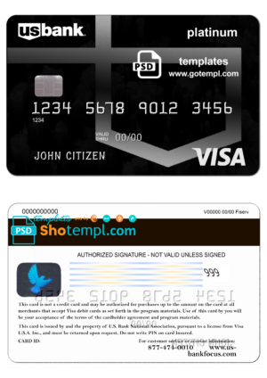 editable template, USA U.S. Bank visa card template in PSD format, fully editable