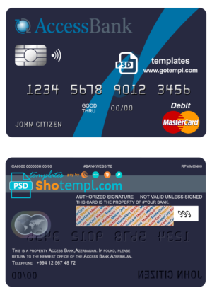 editable template, Azerbaijan Access Bank mastercard debit card template in PSD format, fully editable
