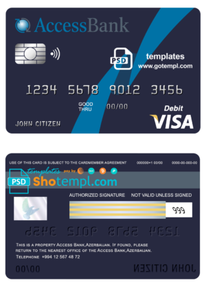 editable template, Azerbaijan Access Bank visa card debit card template in PSD format, fully editable