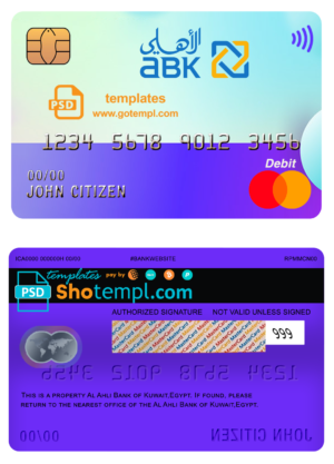 editable template, Egypt Al Ahli Bank of Kuwait mastercard template in PSD format, fully editable