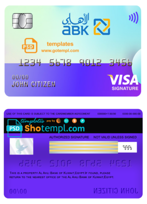 editable template, Egypt Al Ahli Bank of Kuwait visa signature card template in PSD format, fully editable