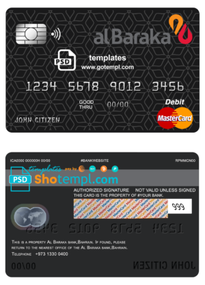 editable template, Bahrain Al Baraka bank mastercard debit card template in PSD format, fully editable