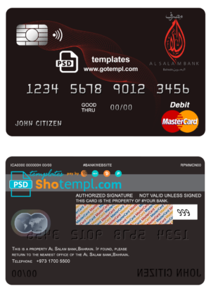 editable template, Bahrain Al Salam Bank mastercard debit card template in PSD format, fully editable