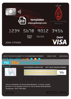 editable template, Bahrain Al Salam Bank visa card debit card template in PSD format, fully editable