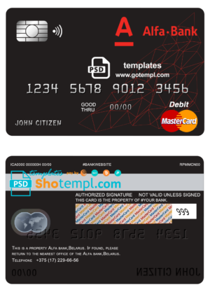 editable template, Belarus Alfa bank mastercard debit card template in PSD format, fully editable