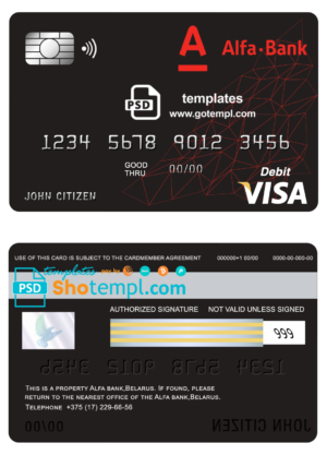 editable template, Belarus Alfa bank visa card debit card template in PSD format, fully editable