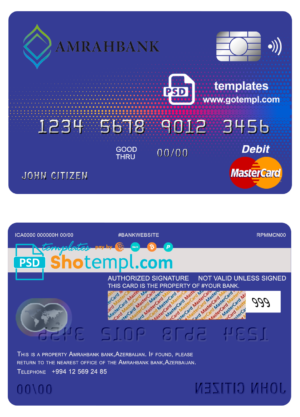 editable template, Azerbaijan Amrahbank bank mastercard debit card template in PSD format, fully editable