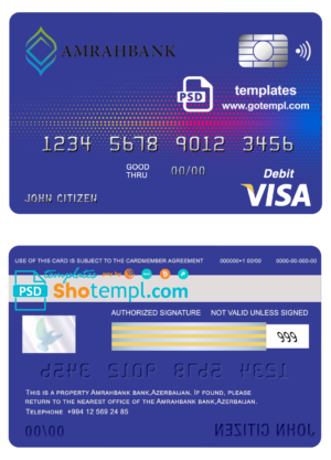 editable template, Azerbaijan Amrahbank bank visa card debit card template in PSD format, fully editable