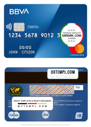 editable template, Argentinian BBVA bank mastercard debit card template in PSD format, fully editable, with all fonts