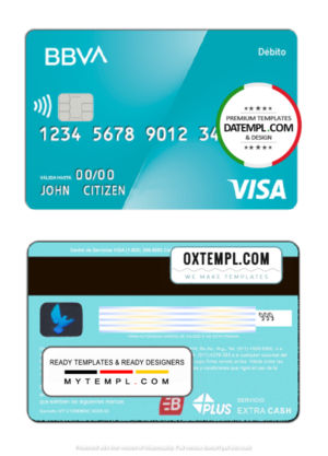 editable template, Argentinian BBVA bank visa debit card template in PSD format, fully editable, with all fonts