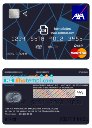 editable template, Belgium AXA bank mastercard debit card template in PSD format, fully editable