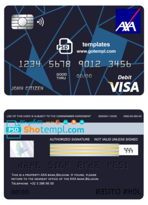 editable template, Belgium AXA bank visa card debit card template in PSD format, fully editable