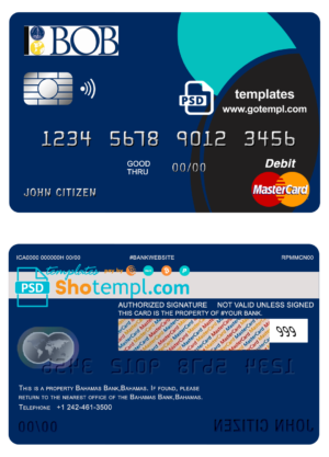 editable template, Bahamas Bank of the Bahamas bank mastercard debit card template in PSD format, fully editable