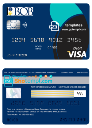 editable template, Bahamas Bank of the Bahamas bank visa card debit card template in PSD format, fully editable