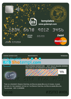editable template, Bolivia Banco Central de Bolivia bank mastercard debit card template in PSD format, fully editable