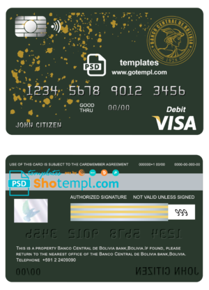 editable template, Bolivia Banco Central de Bolivia bank visa card debit card template in PSD format, fully editable
